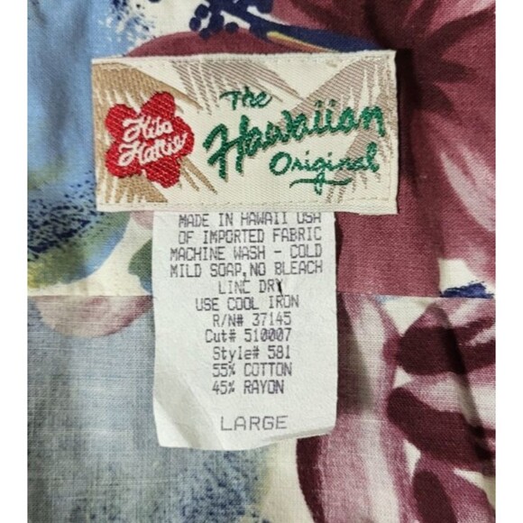 Vintage 90s Hilo Hattie Hibiscus Flower Floral Tribal Button-Down Shirt Large - Picture 9 of 9